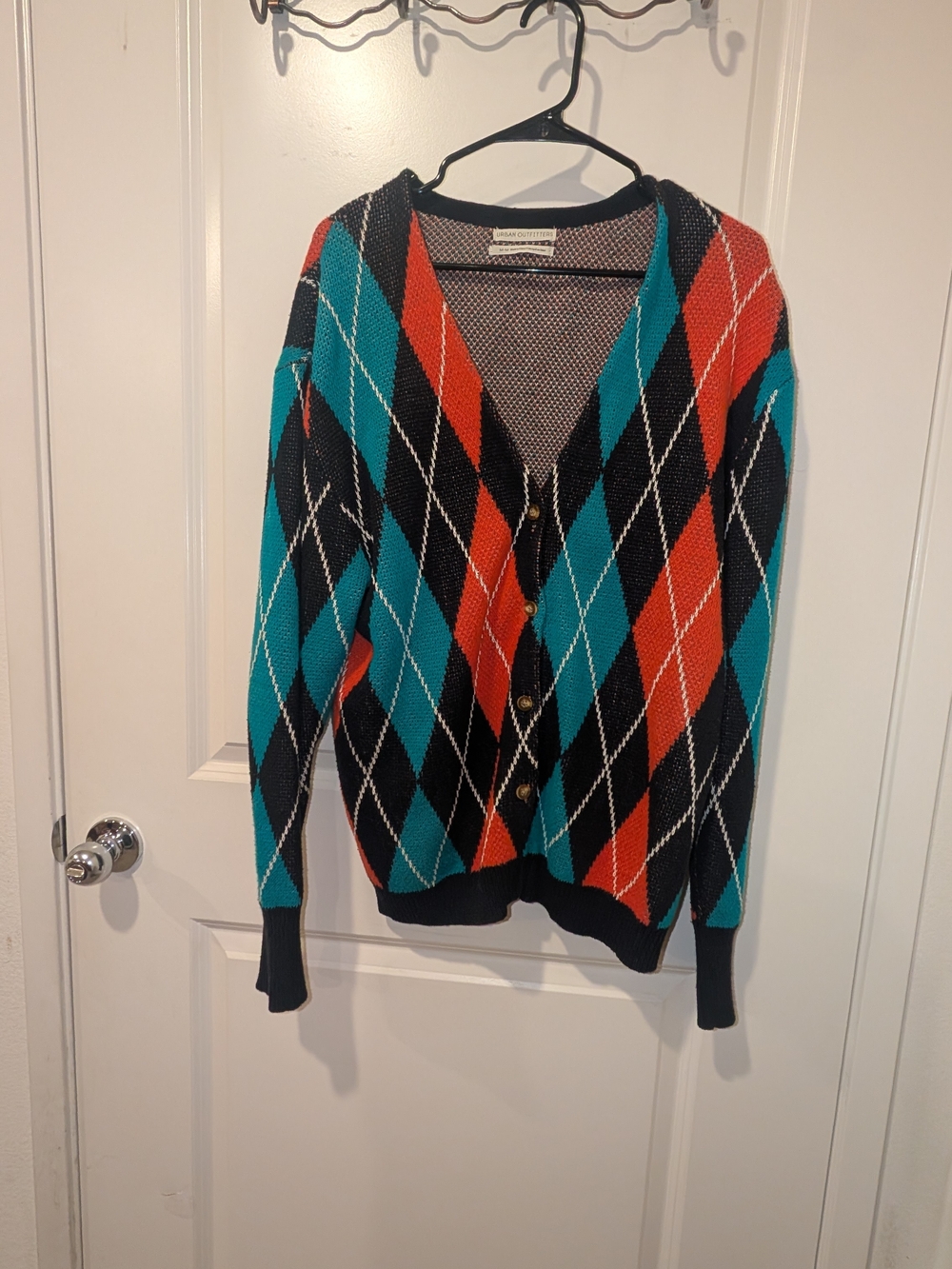 Women's Orange Turquoise Black Harlequin Button Down Cardigan Acrylic UO - Picture 2 of 3